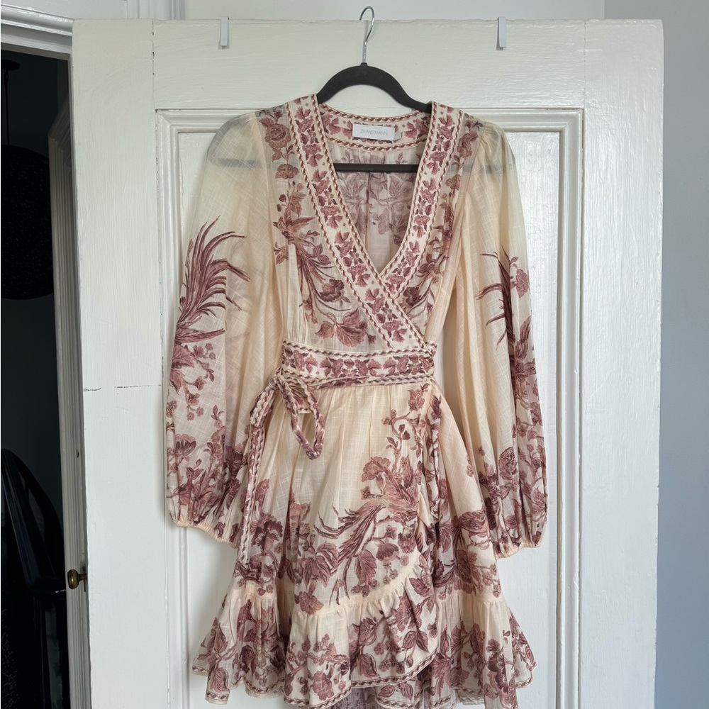 Zimmermann Floral Wrap Dress in Cream and Burgundy
